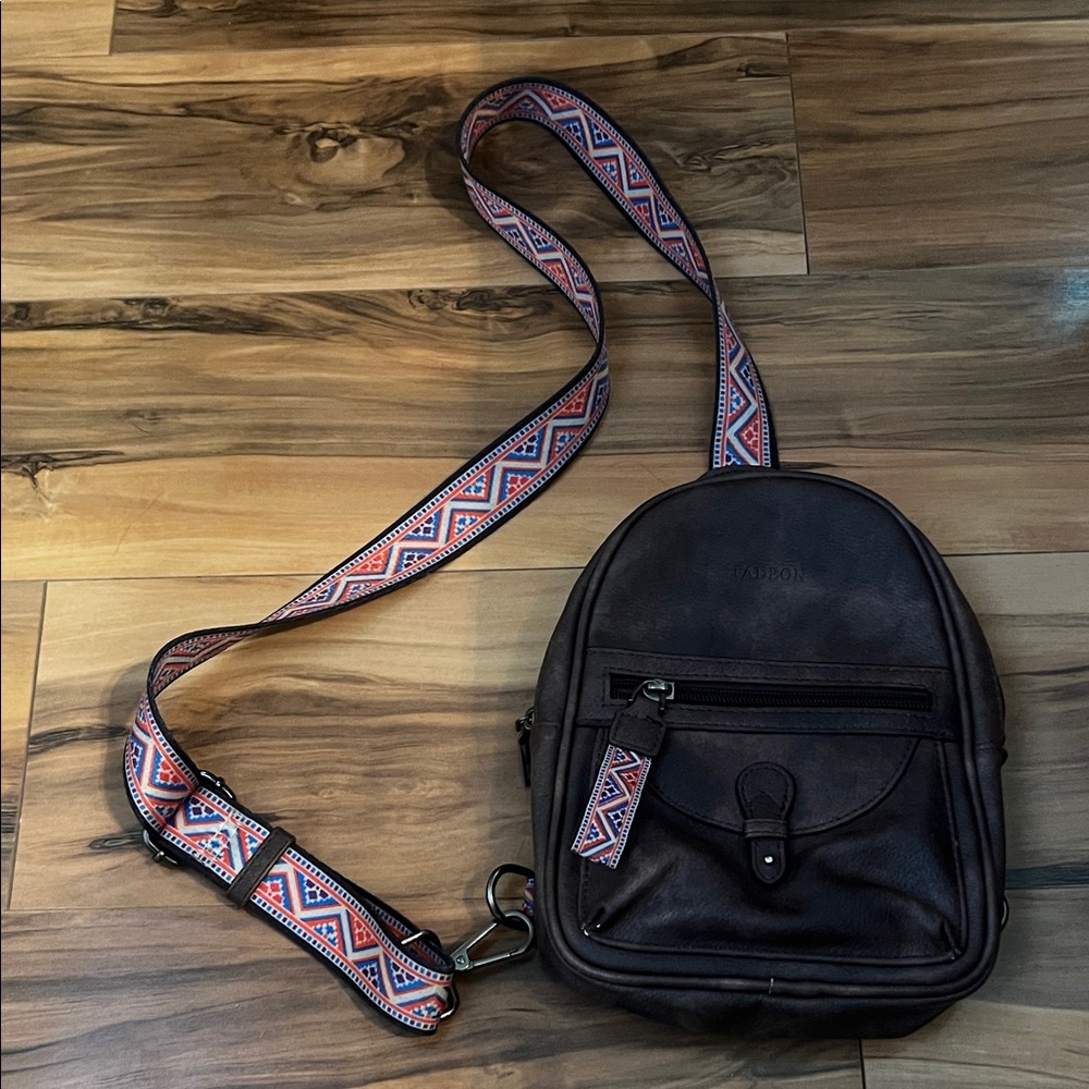 Elegant Dark Brown Crossbody Bag with Patterned Strap
